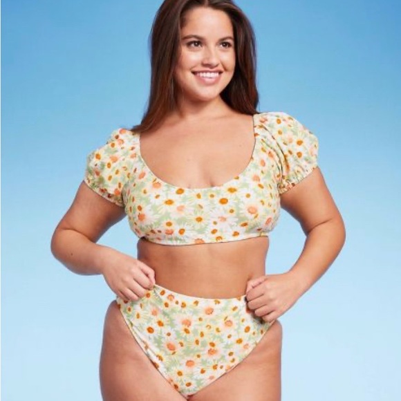 NWT WILD FABLE WOMENS BIKINI TOP PUFF SLEEVE GREEN FLOWER PRINT - Picture 5 of 7